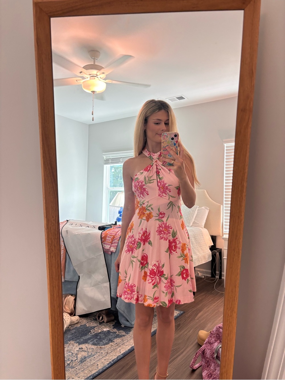 Francesca's Collections Pink Floral Halter Mini Dress